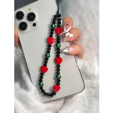 Miraz Tasarım Kalp Boncuklu Telefon Charmı | Kırmızı Kalpli – Siyah Boncuklu Estetik Telefon Aksesuarı