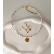 Lumea Mama Minimal Inci Kolye ve Yıldız Küpe Seti Gold Renk Şık Kadın Takı Seti