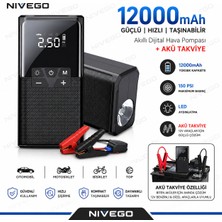 Nivego 12000MAH Akıllı Dijital Hava Pompası Powerbank LED Işık Akü Takviye Özellikli Taşınabilir Kompresör 150 Psı Yeni Nesil
