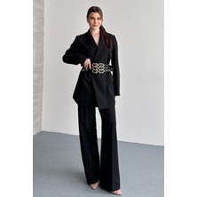 Moda Armanc Kadın Ikili Blazer Ceket ve Palazzo Pantolon - 3 Kemerli Blazer Ceket Gold Tokalı Kruvaze Kesim