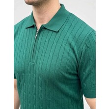 Erkek Yazlık Triko Saç Örgü Tişört Kısa Kol Polo Yaka Fermuarlı T-Shirt - Haki