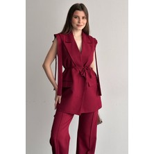 Moda Armanc Kadın Yelek Pantolon Alt Üst Takım Kuşak Detaylı Blazer Yelek Palazzo Pantolon Şık Ikili Takım