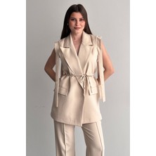 Moda Armanc Kadın Yelek Pantolon Alt Üst Takım Kuşak Detaylı Blazer Yelek Palazzo Pantolon Şık Ikili Takım