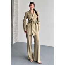 Moda Armanc Kadın Ikili Blazer Ceket ve Palazzo Pantolon - 3 Kemerli Blazer Ceket Gold Tokalı Kruvaze Kesim
