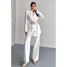 Moda Armanc Kadın Ikili Blazer Ceket ve Palazzo Pantolon - 3 Kemerli Blazer Ceket Gold Tokalı Kruvaze Kesim