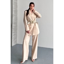 Moda Armanc Kadın Ikili Blazer Ceket ve Palazzo Pantolon - 3 Kemerli Blazer Ceket Gold Tokalı Kruvaze Kesim