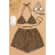 Modadua Kadın 3'lü Set Leopar Desenli Şortlu ve Yandan Bağlamalı Bikini Mayo Takımı