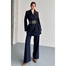 Moda Armanc Kadın Ikili Blazer Ceket ve Palazzo Pantolon - 3 Kemerli Blazer Ceket Gold Tokalı Kruvaze Kesim