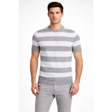 Erkek T-Shirt Çizgili Triko Dokuma Bisiklet Yaka Tişört - Gri