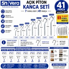 5N Vera 41 Parça Açık Piton Kanca Seti + 10 Dübel Hediyeli | 18X60 19X70 20X80 21X100 22X130 23X150 24X175 mm | Vidalı Tavan Duvar Ahşap Askı Kancası