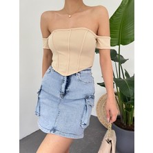 Balva Konsept Sırt Fermuarlı Omuz Detaylı  Crop Bluz -Bej - 38 Beden