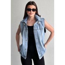 Moda Armanc Kadın Kapüşonlu Jean Yelek Oversize Denim Günlük Basic Kot Yelek