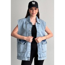 Moda Armanc Kadın Kot Yelek Oversize Cepli Jean Yelek Salaş Kesim Mevsimlik Denim Ceket