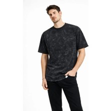 Erkek Asit Yıkama Bisiklet Yaka Kısa Kollu Oversize T-Shirt Tişört - Siyah