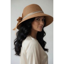 Mollycrush Kadın Premium   Camel Kurdele Detaylı Hasır Güneş Şapkası   L  Günlük ve Plaj Kullanımına Uygun Cloche Model