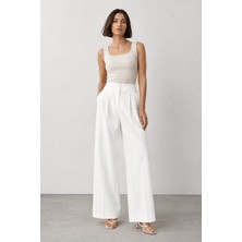 Rosa By Belle Kadın Beyaz Yüksek Bel Bol Paça Kumaş Pantolon 3639