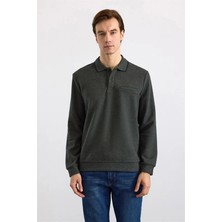Süvari Haki Regular Düz Polo Yaka Sweatshirt