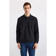 Süvari Siyah Regular Düz Polo Yaka Sweatshirt