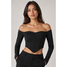 Rosa By Belle Kadın Düşük Omuz Uzun Kollu Korseli Crop Bluz 3435