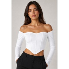 Rosa By Belle Kadın Düşük Omuz Uzun Kollu Korseli Crop Bluz 3435