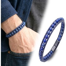 Fm 💎 Premium 6mm Lapis Taşlı Deri Kordon Ve Çelik Bileklik 31832B2D6M14