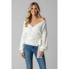 Lior Design Kadın Oversize V Yaka Düşük Omuz Kuşaklı Fitilli Kazak