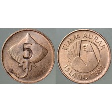 Banknoting Izlanda 5 Aurar 1981 Vatoz Balığı Temalı.