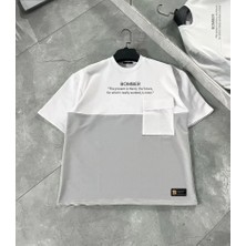 Unisex Torba Cep Detaylı  Parçalı T-Shirt - Gri