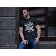 Unisex Bisiklet Yaka Baskılı Oversize T-Shirt - Siyah