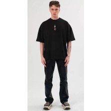 Unisex Bisiklet Yaka Baskılı Oversize T-Shirt - Siyah