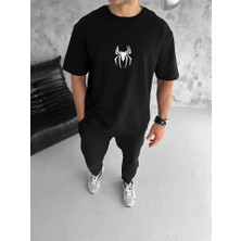 Unisex Bisiklet Yaka Baskılı Oversize T-Shirt - Siyah