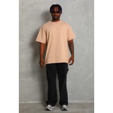 Unisex Oversize Düz Bisiklet Yaka T-Shirt - Bej