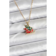 Onba 316L Çelik Zincir Gold Renk Kızak ve Çam Ağacı Figürlü Yılbaşı Temalı Kad - OB6450-9436