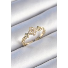 Onba Pirinç Gold Renk Incili Yonca Model Zirkon Taş Detay Kadın Yüzük 5886 - OB3032-3849
