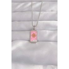 Onba 316L Çelik Gümüş Renk Pembe Mineli Güneş Model Tarot Kolye 5886 - OB9991-4556