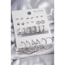 Onba Pirinç Gümüş Renk Zirkon Taşlı 12 Çift Kadın Küpe Seti 5886 - OB2347-6055