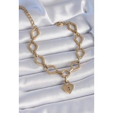 Onba 316L Çelik Gold Renk Zincir Model Kilit Kalp Figür Kadın Bileklik 5886 - OB1839-6518