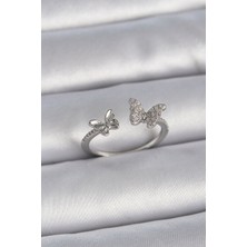 Onba Pirinç Gümüş Renk Ayarlanabilir Zirkon Taşlı Kelebek Model Kadın Yüzük 5886 - OB4150-1190