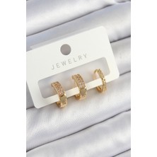 OEM Pirinç Zirkon Taşlı Halka Model Gold Renk 3'LÜ Çift Kadın Küpe Set 5886 - 8400-8769