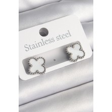 Sbusshop 316L Çelik Gümüş Renk Beyaz Yonca Model Kadın Küpe 5886 - SB001M-48X0P2