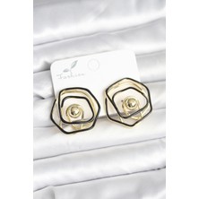 Tgzm Pirinç Gold Renk Siyah Mineli Geometrik Gül Model Kadın Küpe 5886 - TG0012-2QLEB2