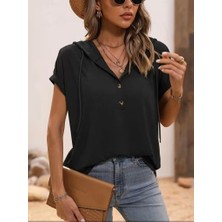 Gökyüzü Moda Kadın Kısa Kollu Kapşonlu Bağcıklı Viskon Bluz