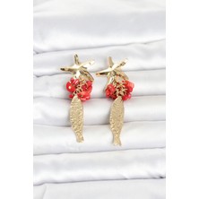 Callerrons Accessories Deniz Yıldızı ve Balık Detaylı Kırmızı Taşlı Gold Renk Kadın Küpe - EBJ260516W42172