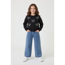 Cansın Mini Siyah Payetli Kalp Desenli Badili Jean Pantolonlu Kız Çocuk 2li Takım 24147