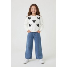 Cansın Mini Ekru Payetli Kalp Desenli Badili Jean Pantolonlu Kız Çocuk 2li Takım 24148