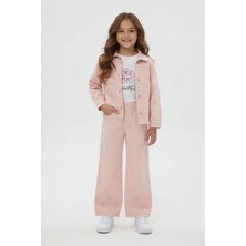 Cansın Mini Somon Çiçek Nakışlı Ceketli Geniş Paça Pantolonlu Kız Çocuk 3lü Takım 24117