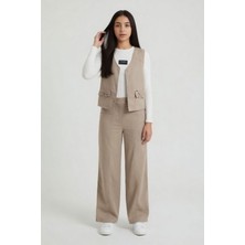 Cansın Mini Bej Cepli Keten Yelekli Yüksek Bel Pantolonlu Badili Kız Çocuk Takım 24573