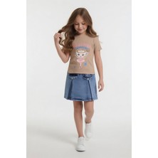 Cansın Mini Bej Balerin Desenli Badili Jean Etekli Kız Çocuk 2li Takım 24564