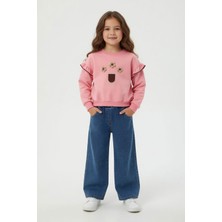 Cansın Mini Pembe Çiçek Nakışlı Fırfırlı Badili Jean Pantolonlu Kız Çocuk Takım 24555