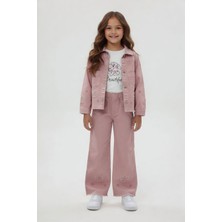 Cansın Mini Pembe Çiçek Nakışlı Ceketli Geniş Paça Pantolonlu Kız Çocuk 3lü Takım 24115